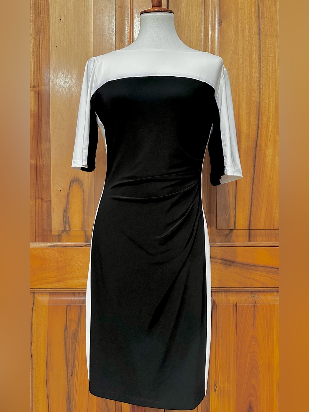 Lauren Ralph Lauren B/W Colorblock Ruched Detail Jersey Knit Dress, EUC, 12